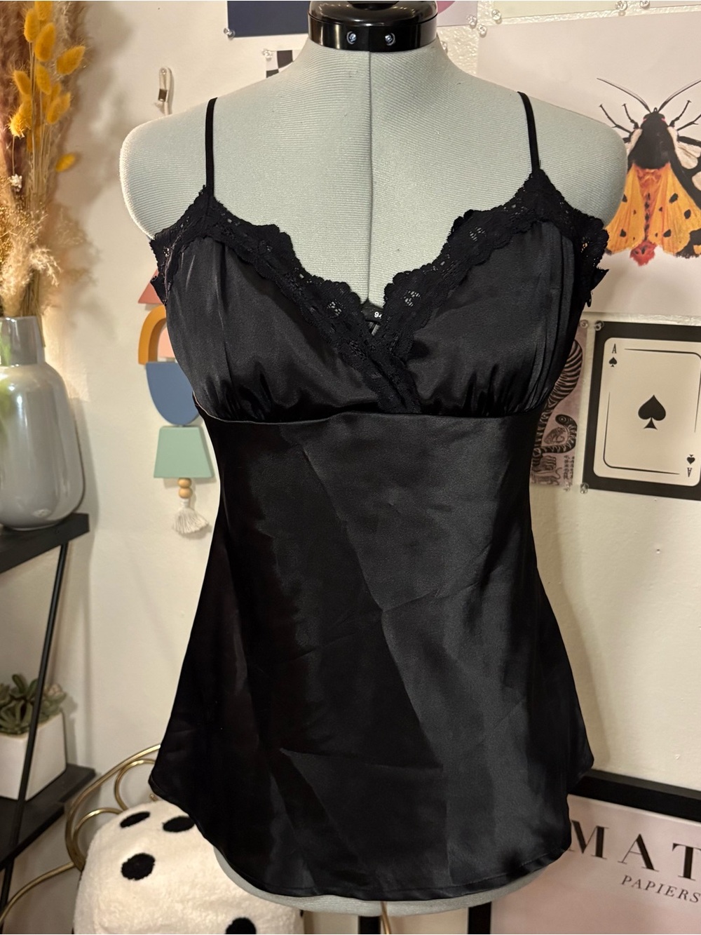 Rampage Black Satin Lace Cami Top NWT Size Large Y2K